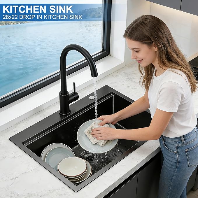 Scamall 28x22x10 Drop In Kitchen Sink Workstation, Nano Black 304 Stainless Steel Deep Single Bowl with Quick Drainage & Tarnish-Free Surface for Bar, Laundry, RV, Includes Accessories