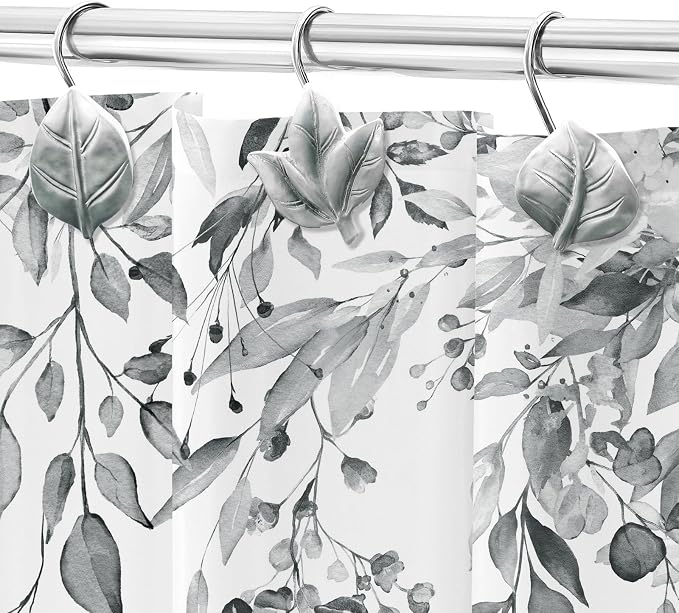 Grey Plant Leaf Shower Curtain Hooks, Eucalyptus Bathroom Decor, Metal Rustproof - Image 5