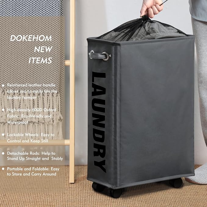 DOKEHOM 25" Slim Rolling Laundry Basket Hamper, Narrow on Wheels - Image 2