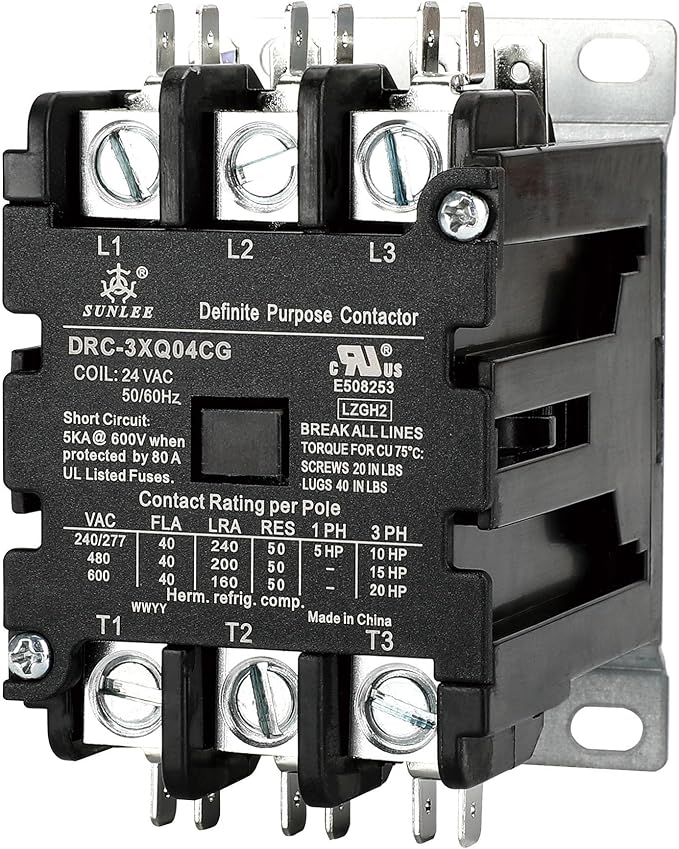 SUNLEE UL 3 pole 40 Amp Contactor 24v coil A2L Compliant fits 42CF35AJ equivalent Definite Purpose Contactor