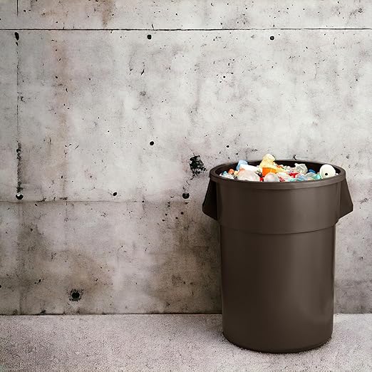 PRO&Family Commercial Round Trash Can, Ingredient Bin, Heavy-Duty Plastic, Anti-Static, Kitchen, Office, Outdoor Use (Brown, 55 Gallon)