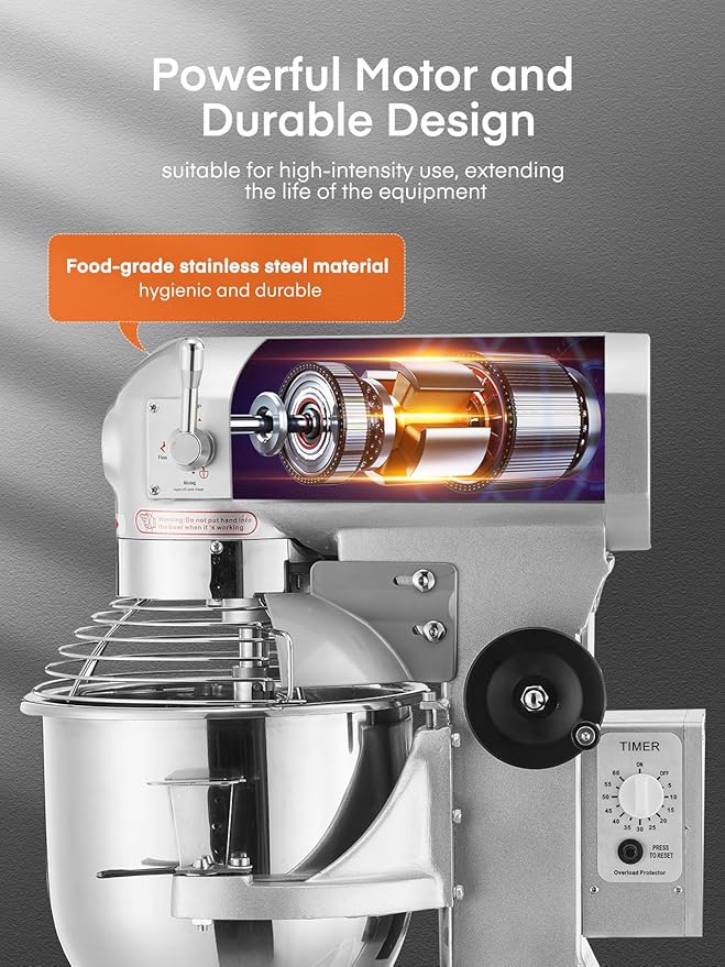 Commercial Mixer, 15/30QT Commercial Food Mixer, Dough Mixer with Stainless Steel Bowl, 3 Speeds Adjustable and Safety Guard, Dough Hook Whisk Beater Included, Ideal for Bakery Pizzeria (15QT)