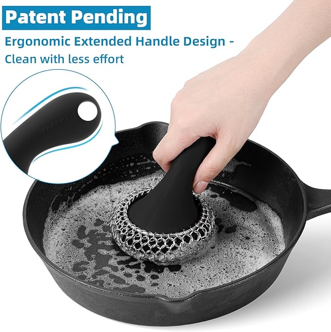SUBEKYU Cast Iron Scrubber with Silicone Handle, Stainless Steel Chainmail Scrubber for Cast Iron Pans, Black
