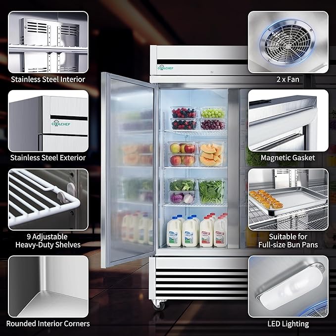 81" Commercial Refrigerator 72 Cu.Ft, Stainless Steel 3-Door Reach-in Fridge, 33–40℉, Air Cooling, LED Light, 9 Shelves, R290, ETL