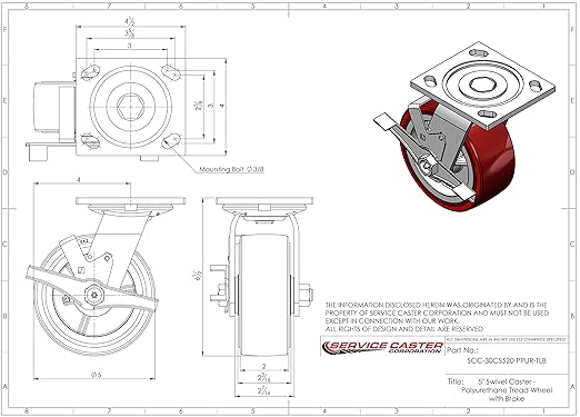 Service Caster Brand Replacement Caster for Uline Caster H-7362SWB - Swivel Top Plate Caster with 5 Inch Polyurethane Wheel and Top Lock Brake - Fits Platform, U-Boat and Panel Trucks H-6237