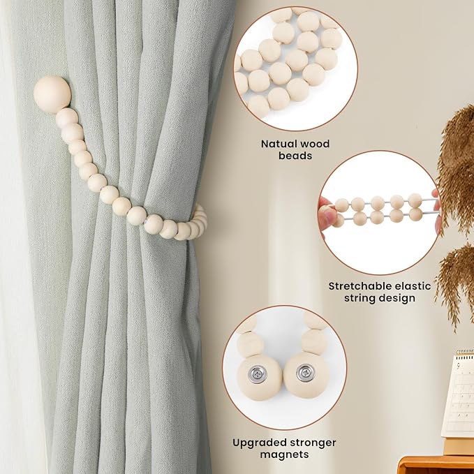 KLOGTSIND Magnetic Curtain Tiebacks, 2 Pack Wood Bead Curtain Holdbacks - Image 5