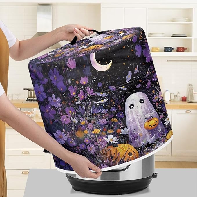 Purple Floral Halloween Ghost Dust Cover for Kitchen Accessories 8 Quart Pressure Cooker Air Fryer Rice Cooker Dust Cover with Top Handle and Storage Pocket