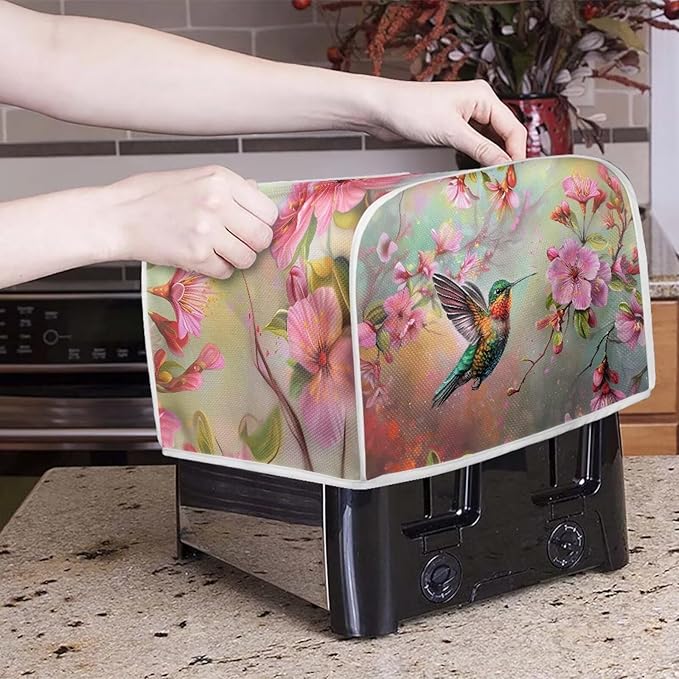 Hummingbird Flower Print Toaster Cover 4 Slice Dustproof Fingerprint Protectors for Kitchen Small Appliance Kitchen Home Decor