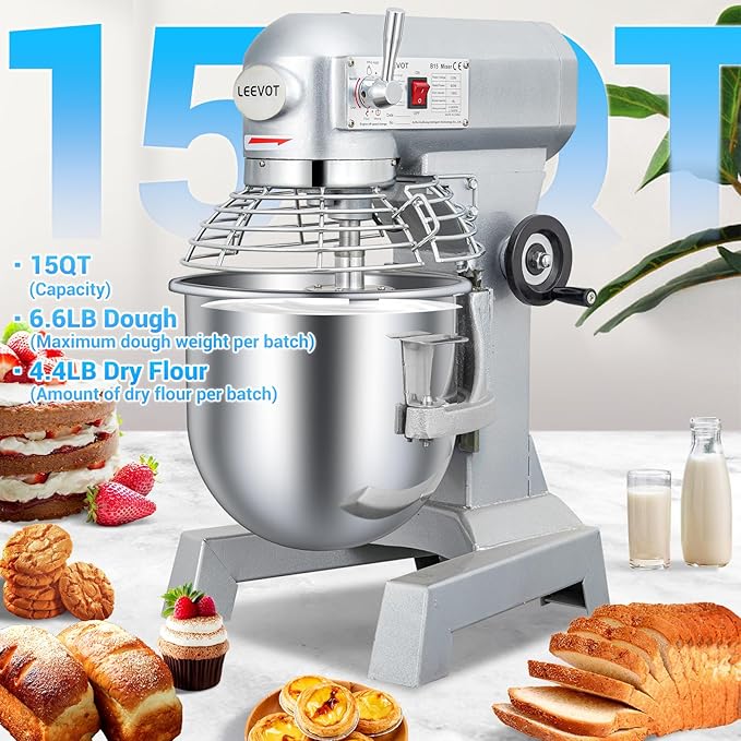 15Qt Commercial Food Mixer, Commercial Dough Mixer 600W 2-Speeds Adjustable, Heavy Duty Electric Stand Mixer with Stainless Steel Bowl for Kitchenaid and Pizzeria (Simple)