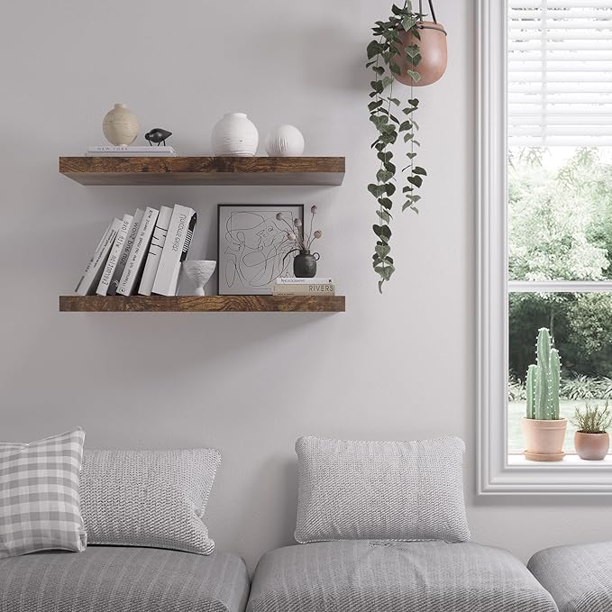 Floating Shelf, Set of 2 Wall Shelf, 30 in W x 12.75 in D x 2 in H Wooden Floating Wall Shelf with Invisible Brackets for Living Room/Bedroom/Bathroom/Kitchen Storage and Decor, Rustic Brown