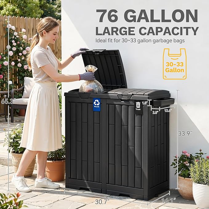 DWVO 76 Gallon Outdoor Trash Can, Dual-Compartment Resin Garbage Bin with Lid, Includes 2 Sorting Labels, Ash Holder, Stakes & Suction Cups, Hideaway Storage for Patio Backyard Garden, Black