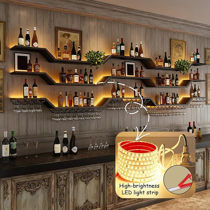 31.5in Modern LED Wine Rack Wall Mounted, 3-Tier Floating Bar Shelves with Wine Glass Rack, Large Hanging Liquor Shelf Wall Mounted, for Home Bar Dining Room Cafe Decorative (Black, 31.5in/80cm)