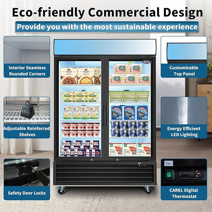 54" Commercial Upright Freezer with 2 Glass Door, 45 Cu.Ft Display Freezer Upright, -8~-1℉, Reach-in Fan Cooling Freezer with 8 Shelves & LED Top Panel for Restaurant Diner Bar, ETL Approved
