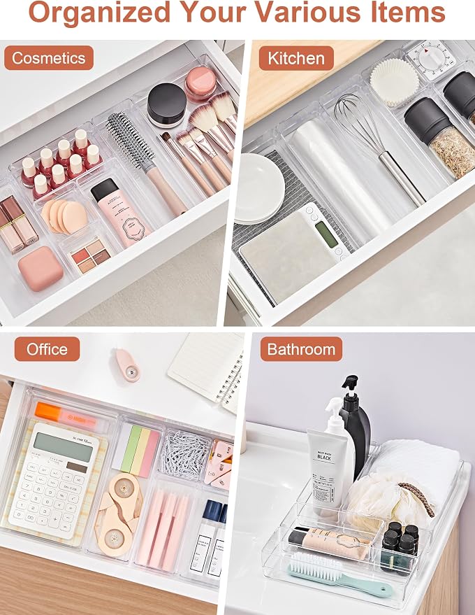 SMARTAKE 37 PCS Drawer Organizer 4 Size Desk Makeup Drawer Organizer Clear | - Image 6