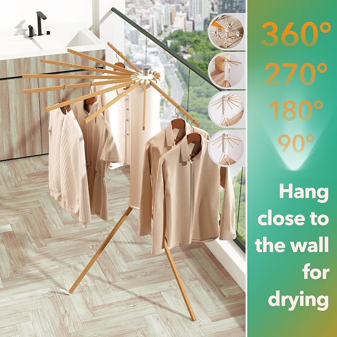 Heavy-Duty Wooden Tripod Clothes Drying Rack, 16 Rods, Large Capacity, 360° - Image 5