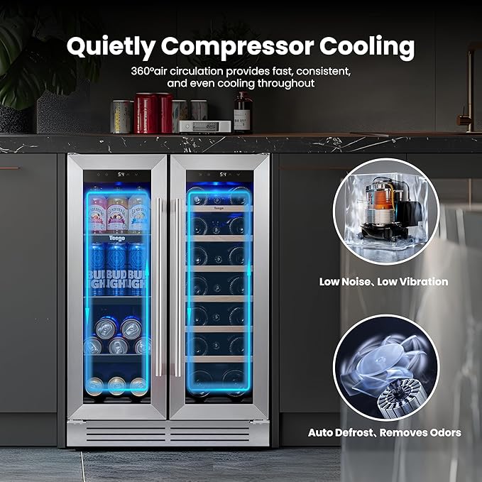Yeego 24 Inch Wine and Beverage Refrigerator - 60 Cans & 20 Bottles Wine Fridge with Glass Door, 36-72°F Built-In or Freestanding Dual Zone Wine Cooler for Kitchen Bar Office Beer Soda Drink