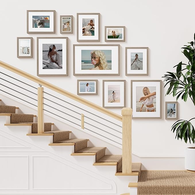 Vittanly 12x16 Picture Frame Set of 2, Solid Wood Frame for Wall Art Photo and Prints, Display Photo 8.5x11 with Mat or 12x16 without Mat, Light Brown
