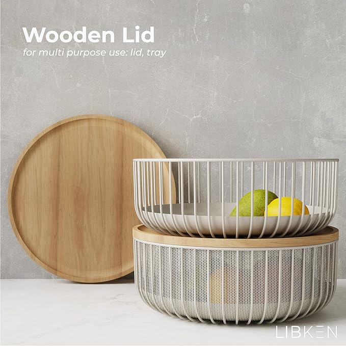 Metal Wire Mesh Fruit Baskets with Wooden Lid - Fly-Proof Indoor Solution for Fresh Fruits - Covered Fruit Bowl - Produce Cover Against Flies for Vegetables - Warm Gray