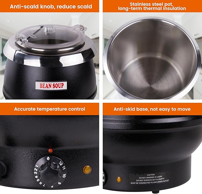 11Qt Commercial Soup Warmer with Clear-View Lid, 400W Buffet Food Warmer with Hinged Lid & Detachable Pot, Temperature Control (105-195°F) for Soups, Chili, Stew, Nacho Cheese - Black