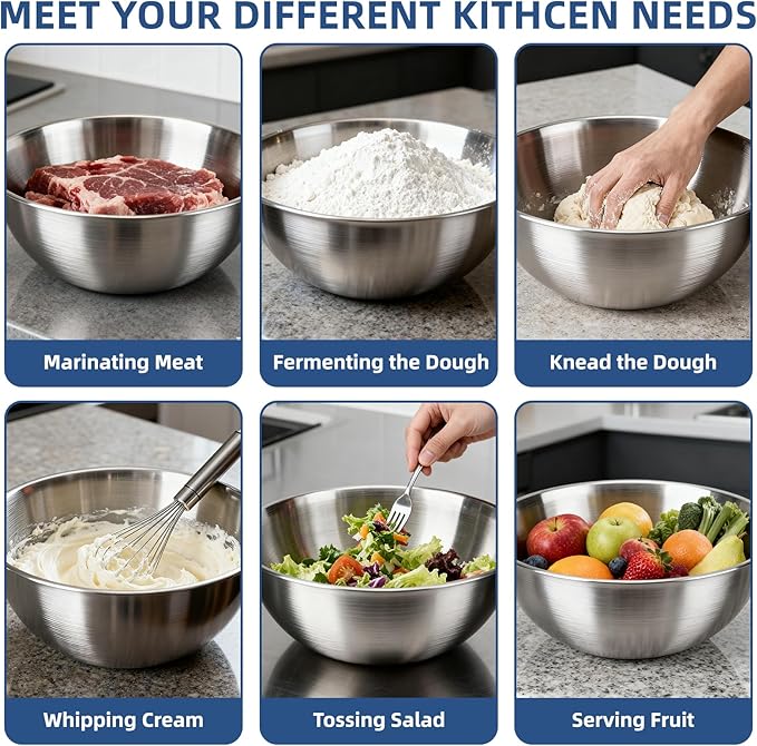 3-Set Stainless Steel Mixing Bowls Set (6.3"+7.1"+8.26"), Metal Bowl Sets with Measurement Marks, Dishwasher Safe & Stackable - Perfect for Baking, Salad Making, Meal Prep and Kitchen Use