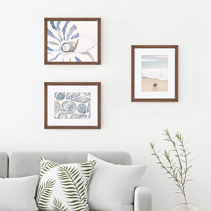 Fun Memories 8x10 Oak Wood Picture Frame Set of 3, 10 x 8 Frame Wood for Wall & Tabletop, Display 5x7 with Mat or 8 x 10 without Mat, 8x10 Natural Wood Photo Frames with Real Glass, Walnut Color