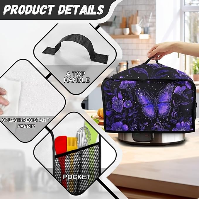 Purple Butterfly 6-8 Qt Slow Cooker Cover Holder Bag Appliance Dust Covers Decorations for Kitchen Living Room Table