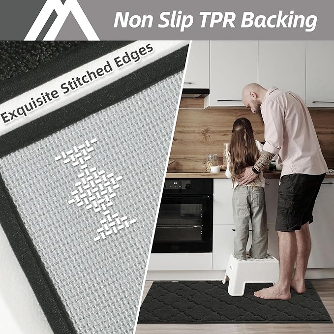 COSY HOMEER Soft Kitchen Rugs [2 PCS] for in Front of Sink Super Absorbent Kitchen Floor Mats and Mats 24x35 Inch/24X60 Non-Skid Kitchen Mat Standing Mat Washable,Polyester,Black