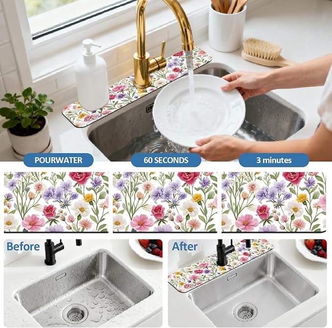 2 Pcs Kitchen Sink Splash Guard Faucet Mat Colorful Watercolor Flowers and - Image 5