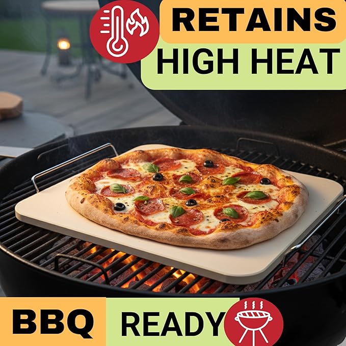 Pizza Stones for Oven and Grill - Pizza Stone with Handles, Wooden Peel and Dough Tool - 15 inch x 12 inch Rectangular Pizza Grill Stone - Baking Stone for Bread - Pizza Making Set