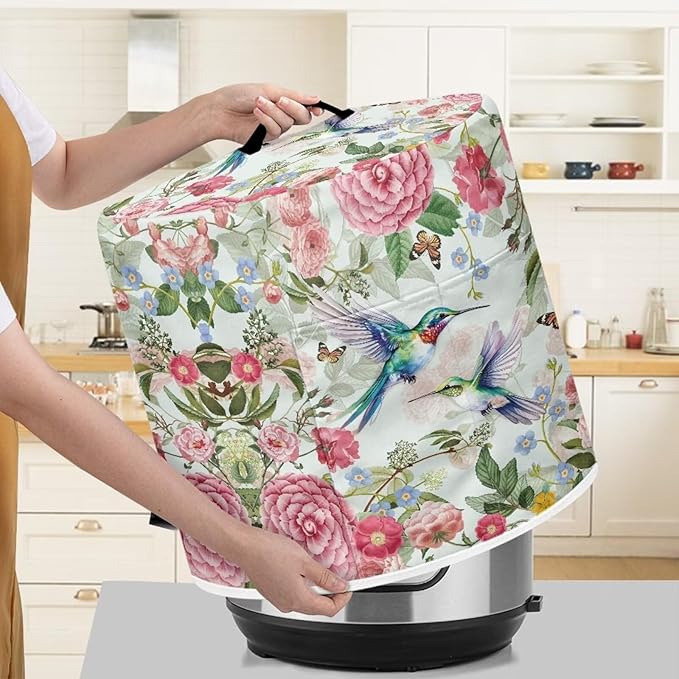 Flashideas Flowers Hummingbirds Dust Cover with Pocket for Instant Pot, Rice Cooker and Air Fryer, Round Pressure Cover Dust-Proof Stain Resistant Electric Appliance Cover Easy to Clean