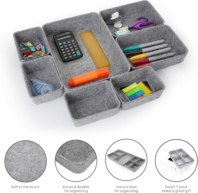 7pc Felt Desk Drawer Organizers Trays Gray Office Home Storage Bins - Image 4
