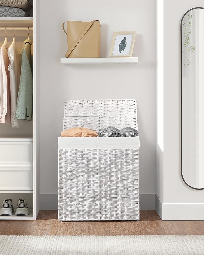 SONGMICS Laundry Hamper with Lid, 110L Double Wicker Basket, 6 Mesh Bags - Image 9