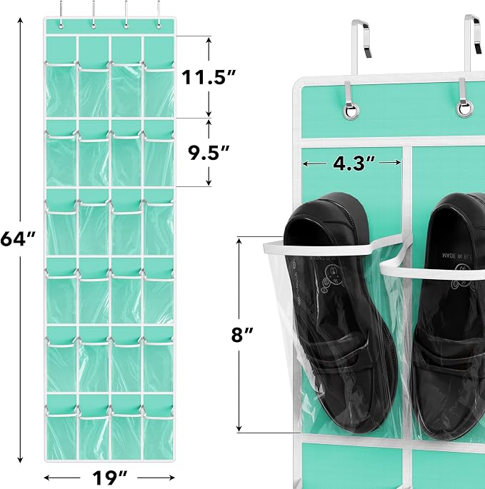 Simple Houseware 24 Pockets Clear Over the Door Shoe Organizer, Turquoise | 64" - Image 2