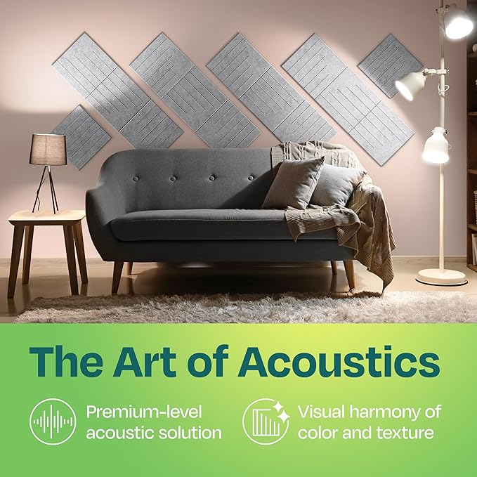Acoustic Panels 12-Pack Soundproof Wall Panels 12"x12"x0.4" Decorative Sound Dampening for Your Home, Office, Studio, Bedroom & More with Unique LineWave Carving [Smoky White]