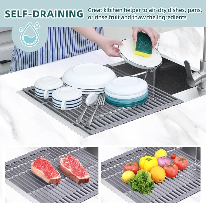 Ohuhu Over Sink Dish Drying Rack Silicone Wrapped 17.6" W x 15.4" L Large Over - Image 2