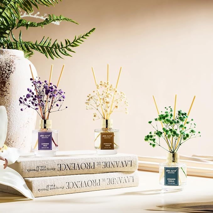 Reed Diffuser Set of 3, Cinnamon Vanilla Lavender Field Moroccan Amber Oil Reed - Image 6