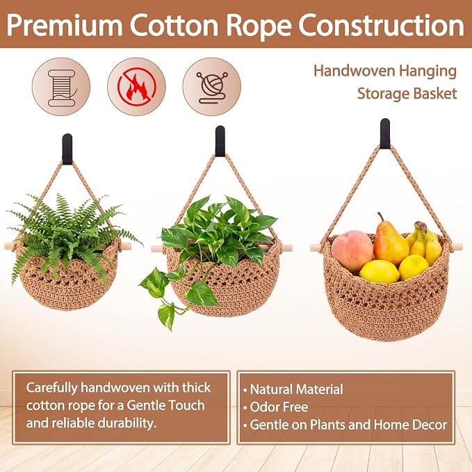Honeydak 3 Hanging Baskets, Dark Brown, Cotton Rope - Image 7