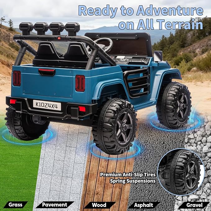 Kids 24V 2-Seater Electric Ride On Car, 4x4 Ride On Truck w/Remote Control, 4-Wheeler Suspension, 3 Speeds, Led Lights, Bluetooth, Ride on Car Toy for Kids Ages 3-8, Lake Blue