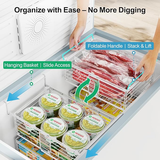 iSPECLE Deep Freezer Organizer Bins for 10 to 20 Cu.Ft, 4 Pack Stackable & Hanging Baskets, Expandable Metal Wire Storage System, Fits 17.5"-22.6" Width, Chest Freezer Only, White