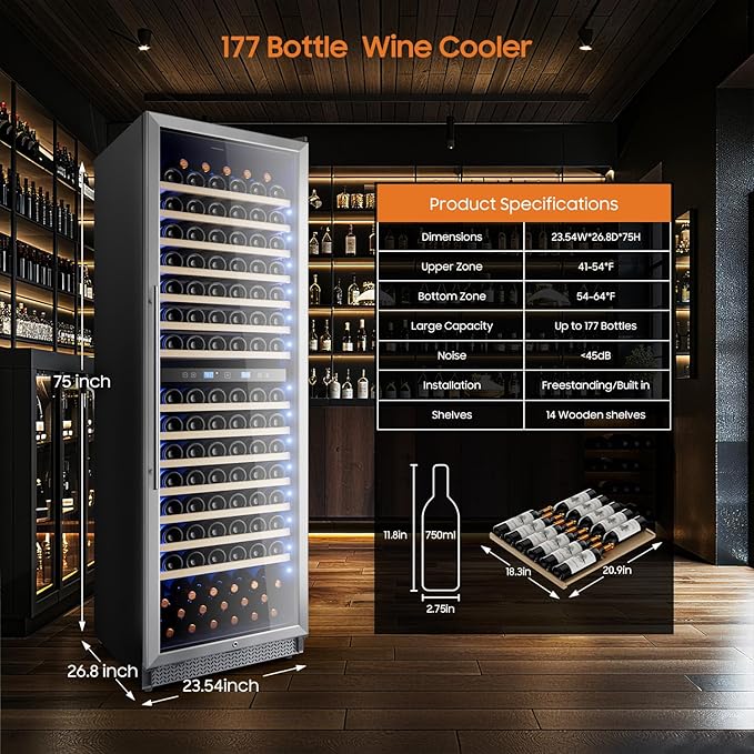 Wine Fridge 24 Inch-177 Bottle Wine Cooler Dual Zone Freestanding/Built-In with Upgraded Compressor, Low-Noise Wine Cellar & Intelligent Temperature Control