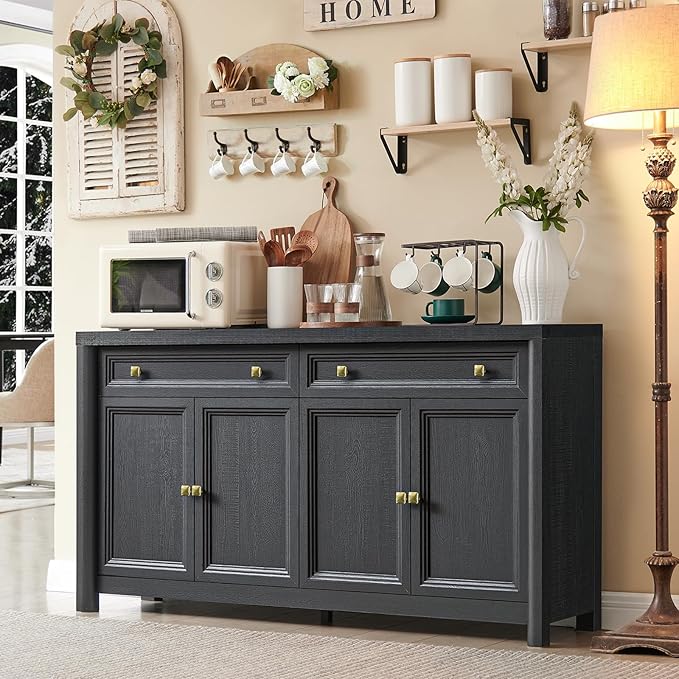Farmhouse Buffet Cabinet, 59" Large Sideboard Buffet Credenza Storage with Shelves & 4 Doors, Rustic Wood Coffee Bar Console for Kitchen, Living Room, Black