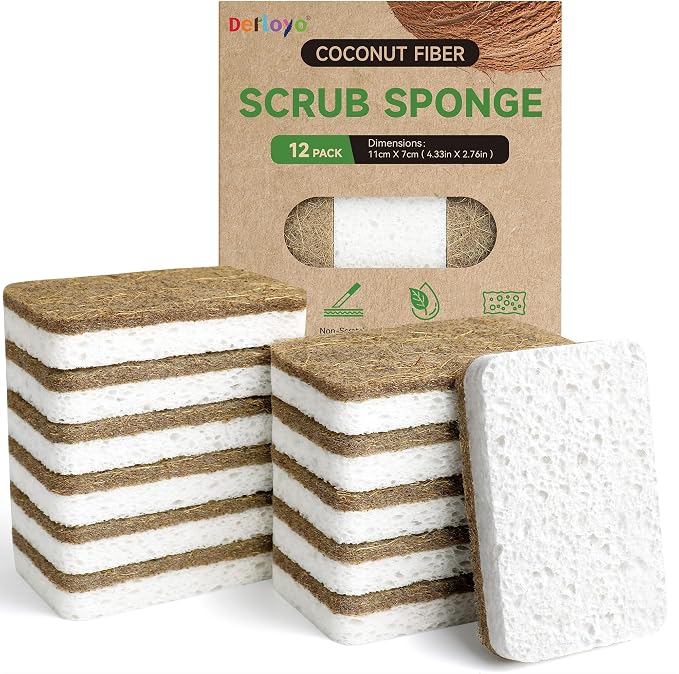 Natural Kitchen Sponges-12 Pack, Cellulose & Coconut Scrubber Dish Sponges | by Derloyo