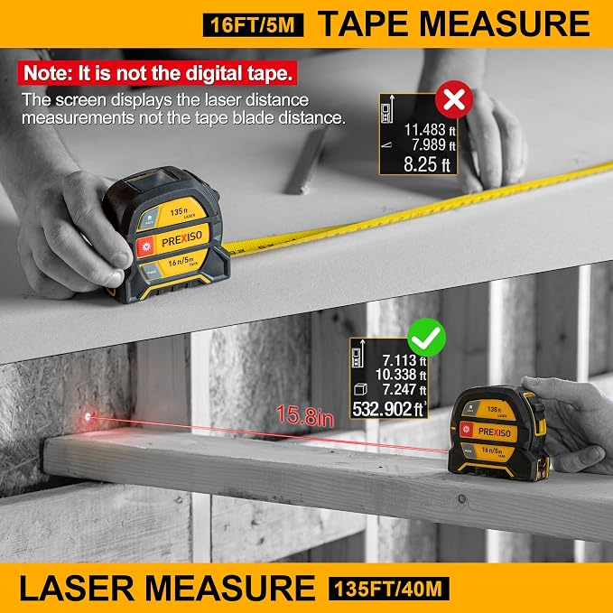 PREXISO 2-in-1 Laser Tape Measure 135Ft Rechargeable Laser Measurement Tool - Image 2