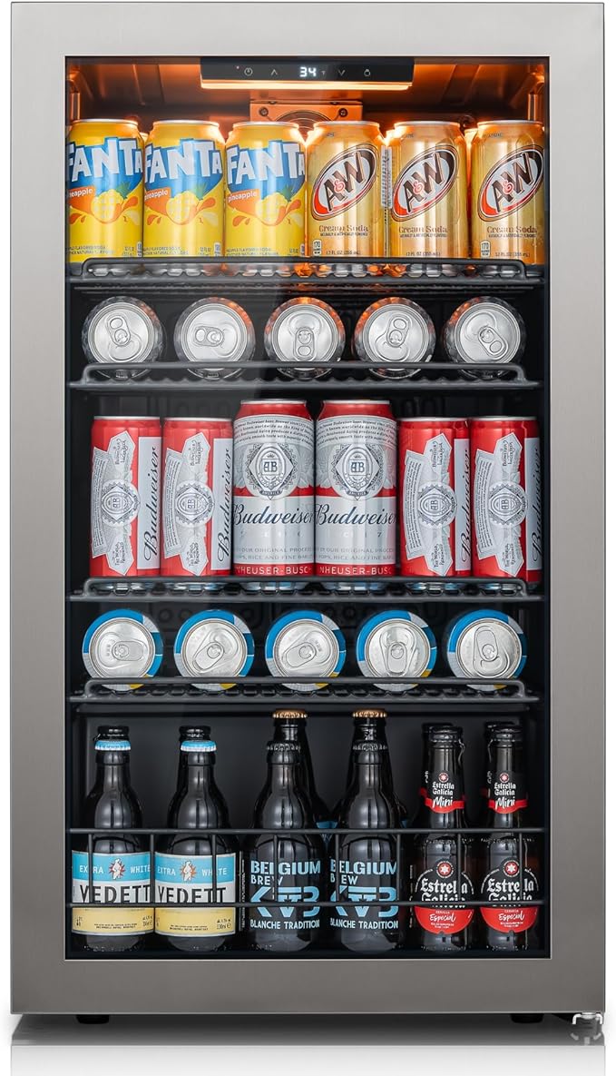 Ca'Lefort 130 Cans Beverage Cooler Mini Fridge, Beverage Refrigerator with Reversible Glass Door, Adjustable Shelves for Soda, Beer & Wine, Digital Temperature Control for Home, Office, Bar or Dorm
