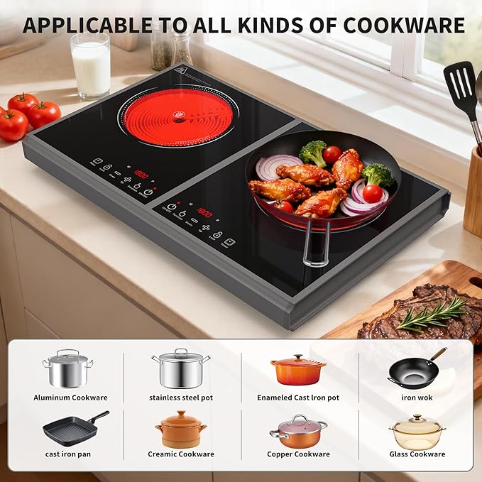 Electric Cooktop,110V 3600W Stove top, 20 inch Countertop with 9 Power Levels,LED touch control,Overheat Protection,Child Safety Lock & Timer,touch control 2 burner Electric cooktop