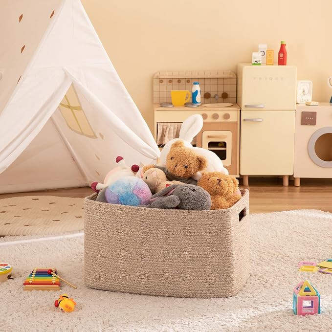 OIAHOMY Cotton Rope Basket Rectangle Blanket Basket living Room Brown - Image 7