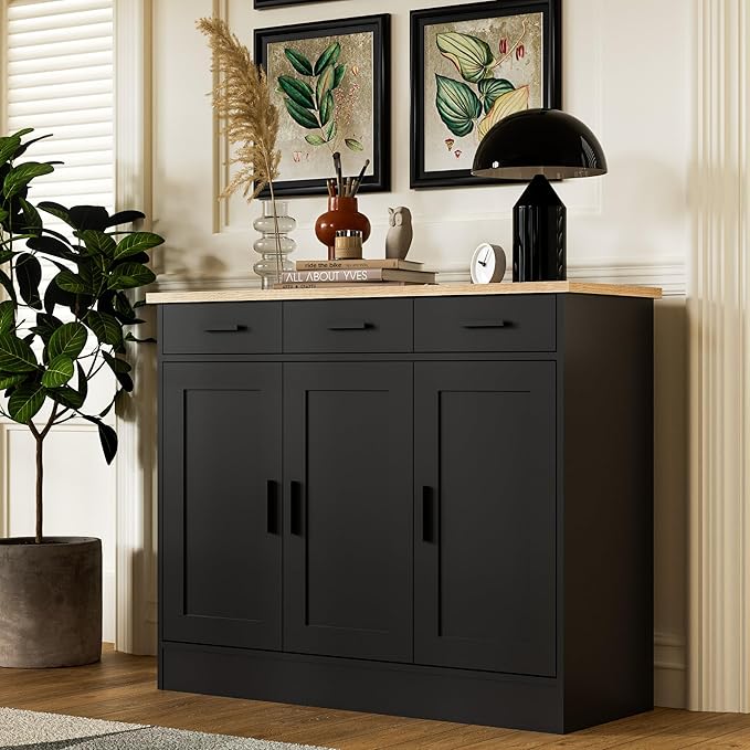 Anystyle 45" Black Buffet Cabinet with Storage, Kitchen Sideboard with 3 Drawers & 3 Doors, Modern Coffee Bar Cabinet Credenza Console Table for Dining Room, Living Room, Hallway