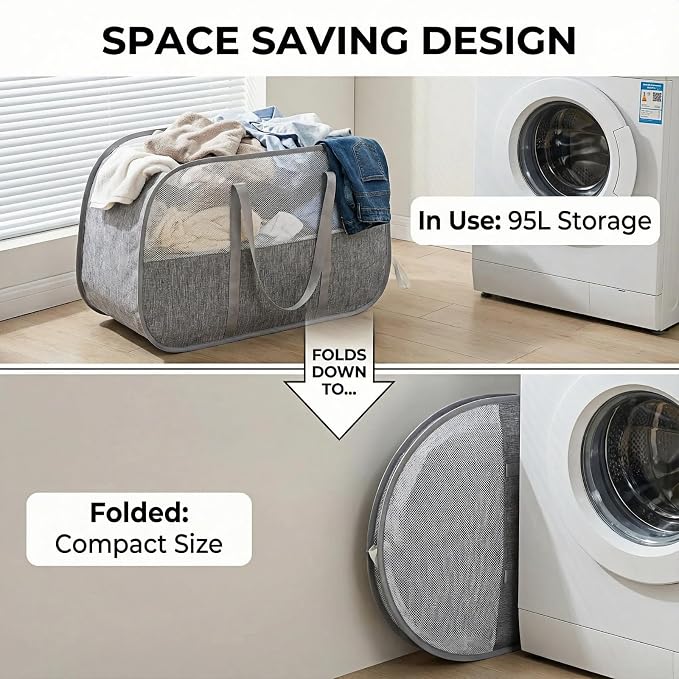 95L Collapsible Laundry Basket, Dirty Clothes Hamper | Foldable Laundry Hamper - Image 3