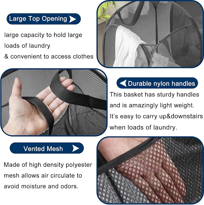 Pop Up Laundry Hamper Pack of 2 Mesh Collapsible Laudry Baskets - Image 3