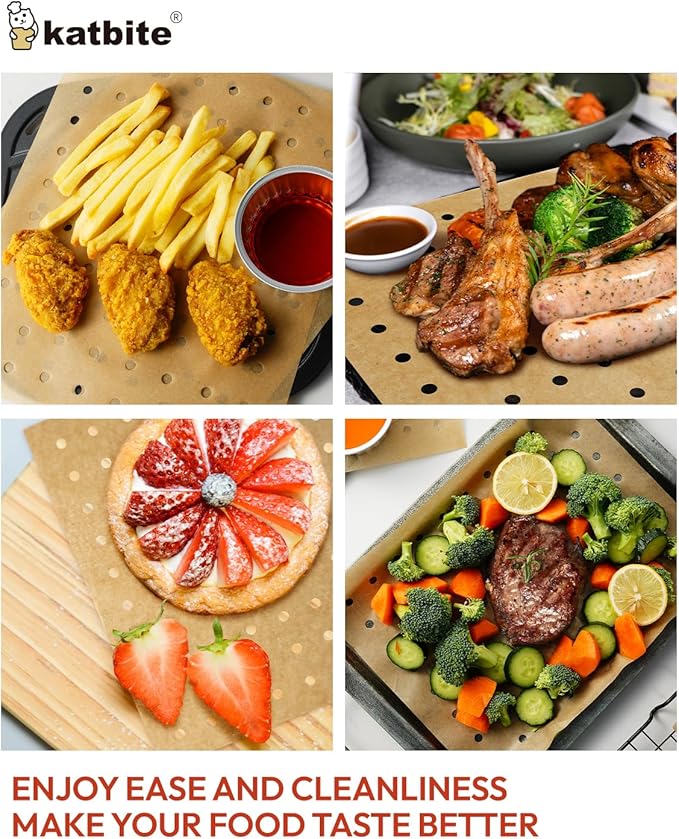 Katbite Air Fryer Parchment Paper Liners 180cs Airfryer Liners Disposable 9x11 Inch Perforated Parchment Paper Sheets Basket Liner Accessories For Toaster oven,Air Fryer, Fit Cuisinart, Ninja Foodi